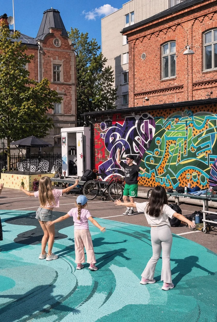 Dansaktivitet på en färgmålad markyta framför muralen, sedd bakifrån