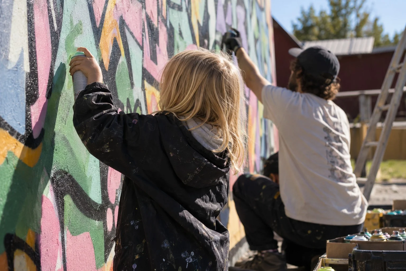 Ett barn sprayar på muralväggen bredvid en konstnär, båda sedda bakifrån
