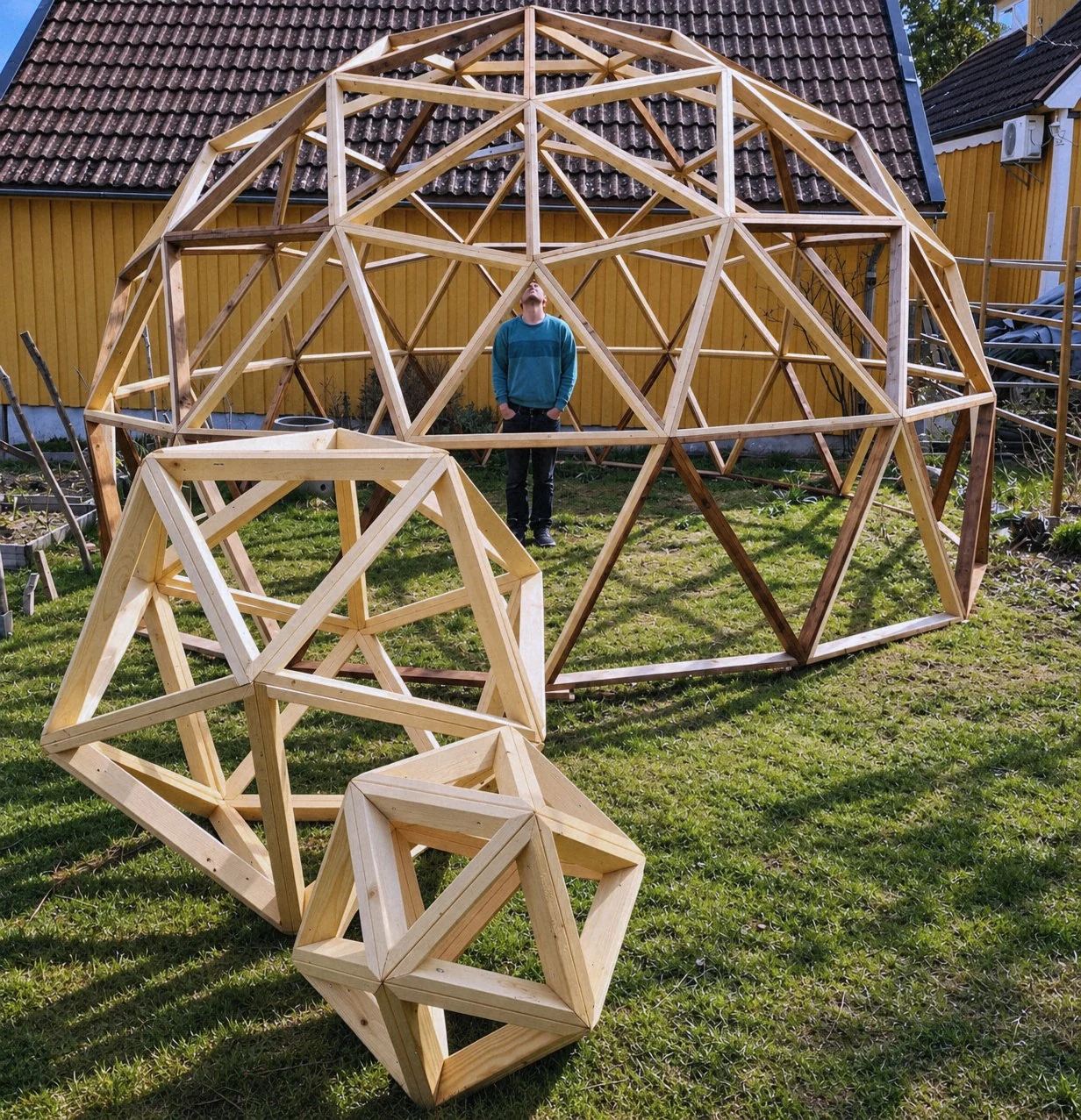 Domstrukturer av trä byggs upp på en gräsmatta framför ett gult hus