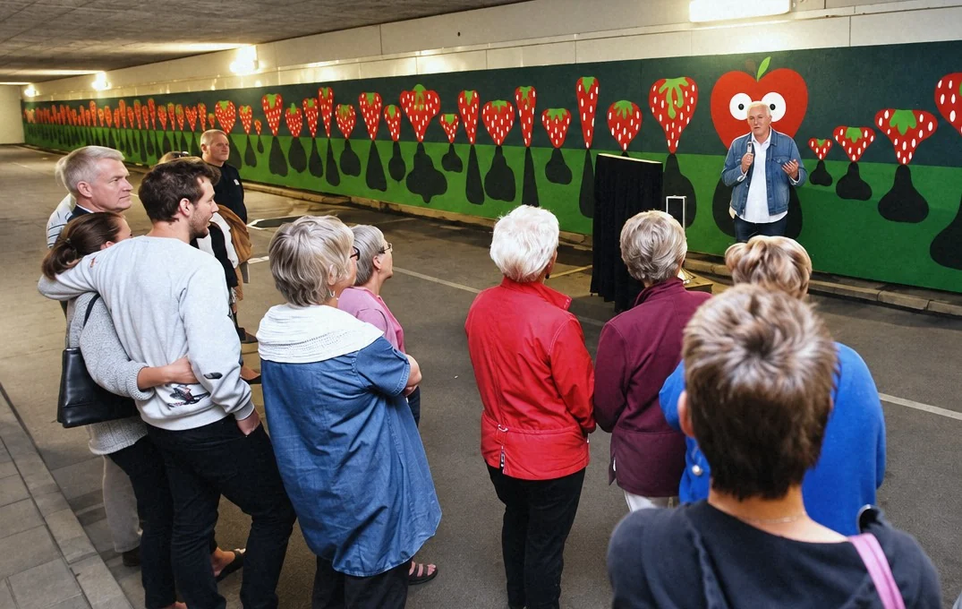 Människor samlade framför en färgstark mural med jordgubbar i ett parkeringsgarage