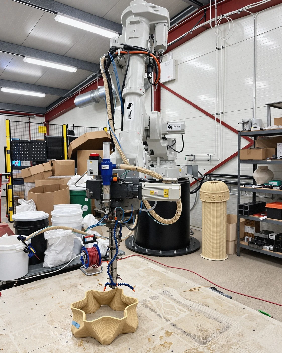 En industrirobot printar en odlingsmodul i träkomposit